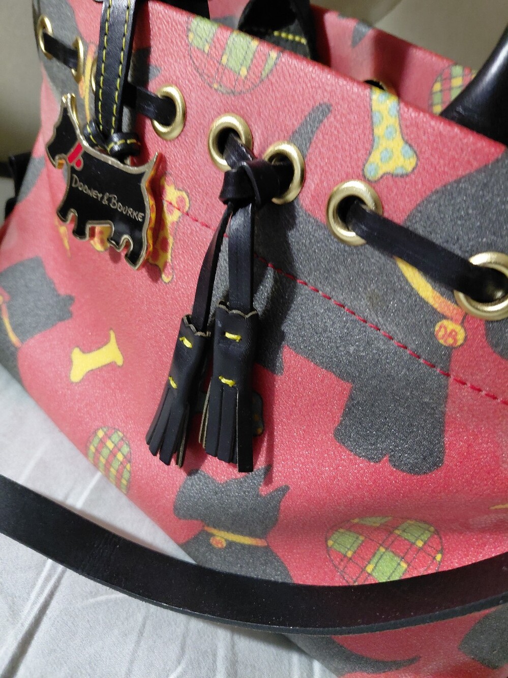 Dooney & Bourke red Scottie Pattern Satchel with Black Trim Medium Size - Picture 2 of 9